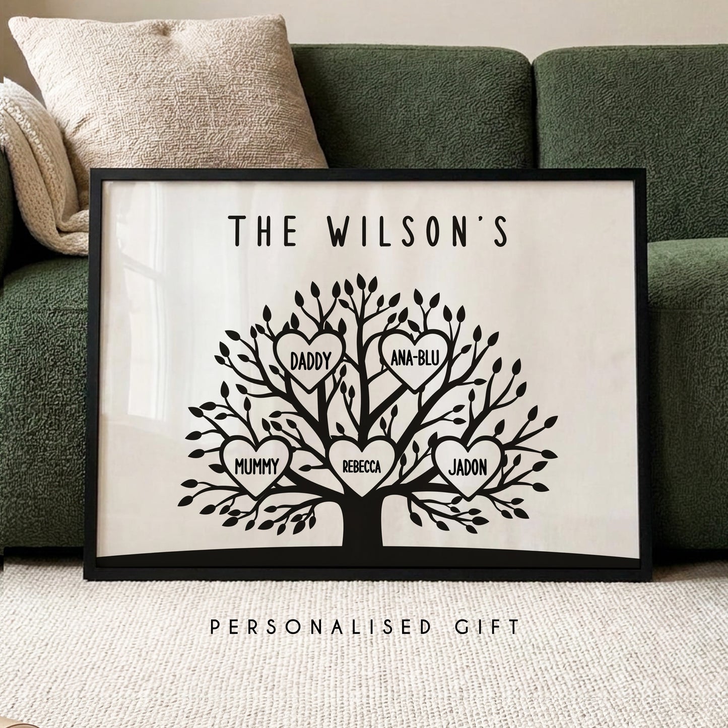 Personalised family tree framed print with custom family names and surname wall art gift