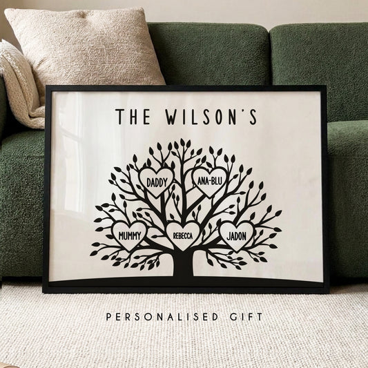 Personalised family tree framed print with custom family names and surname wall art gift