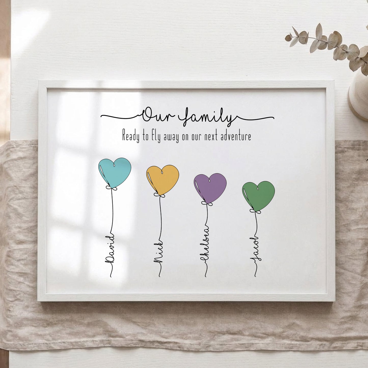 Personalised Family Names Balloon Print – Custom Family & Pet Portrait Framed Wall Art Gift
