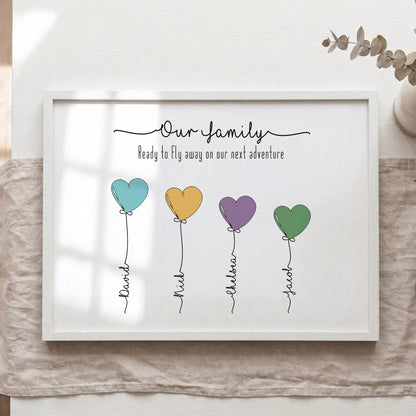 Personalised Family Names Balloon Print – Custom Family & Pet Portrait Framed Wall Art Gift