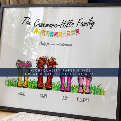 Personalised Family Welly Boots Print – Custom Family & Pet Portrait Wall Art Gift
