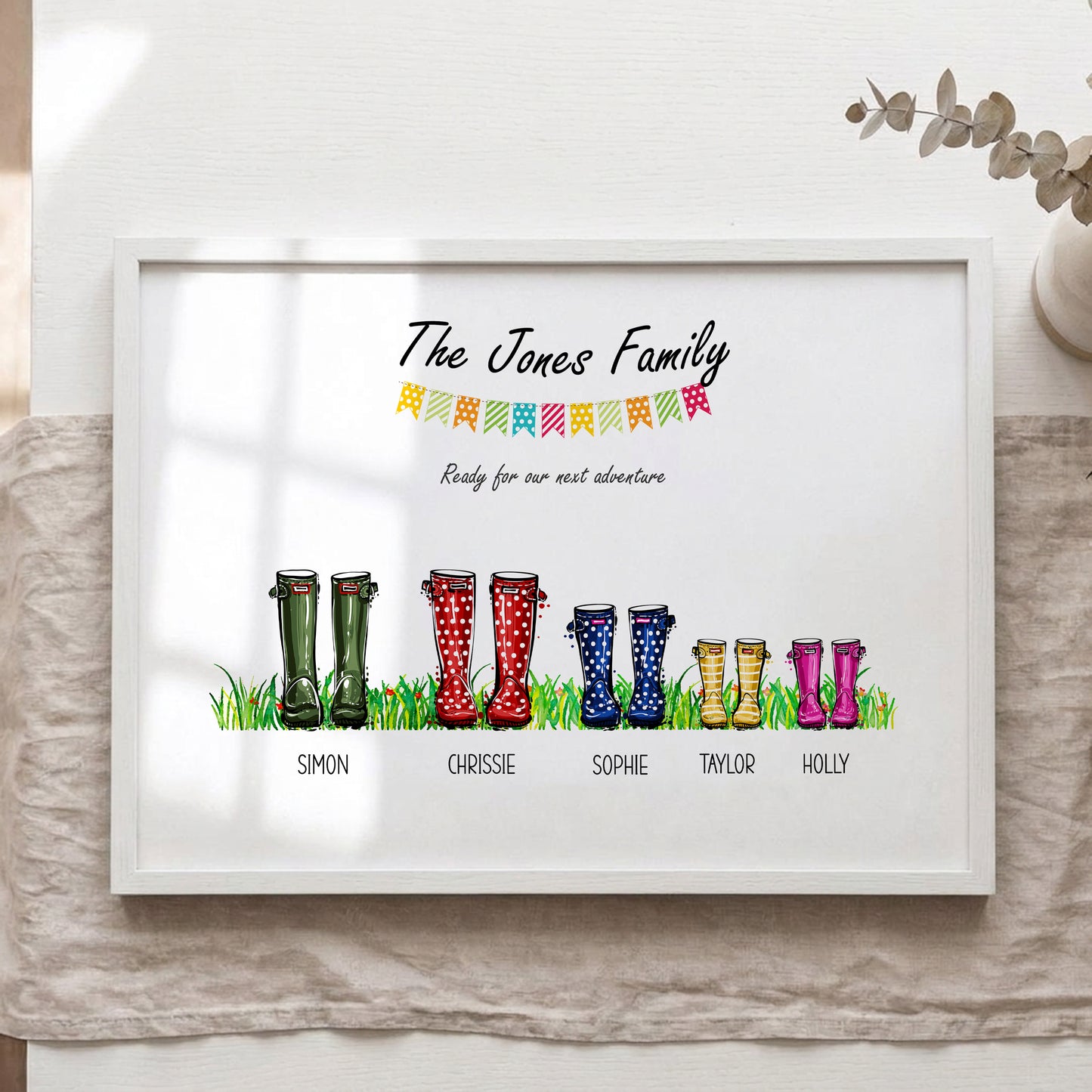 Personalised Family Welly Boots Print – Custom Family & Pet Portrait Wall Art Gift