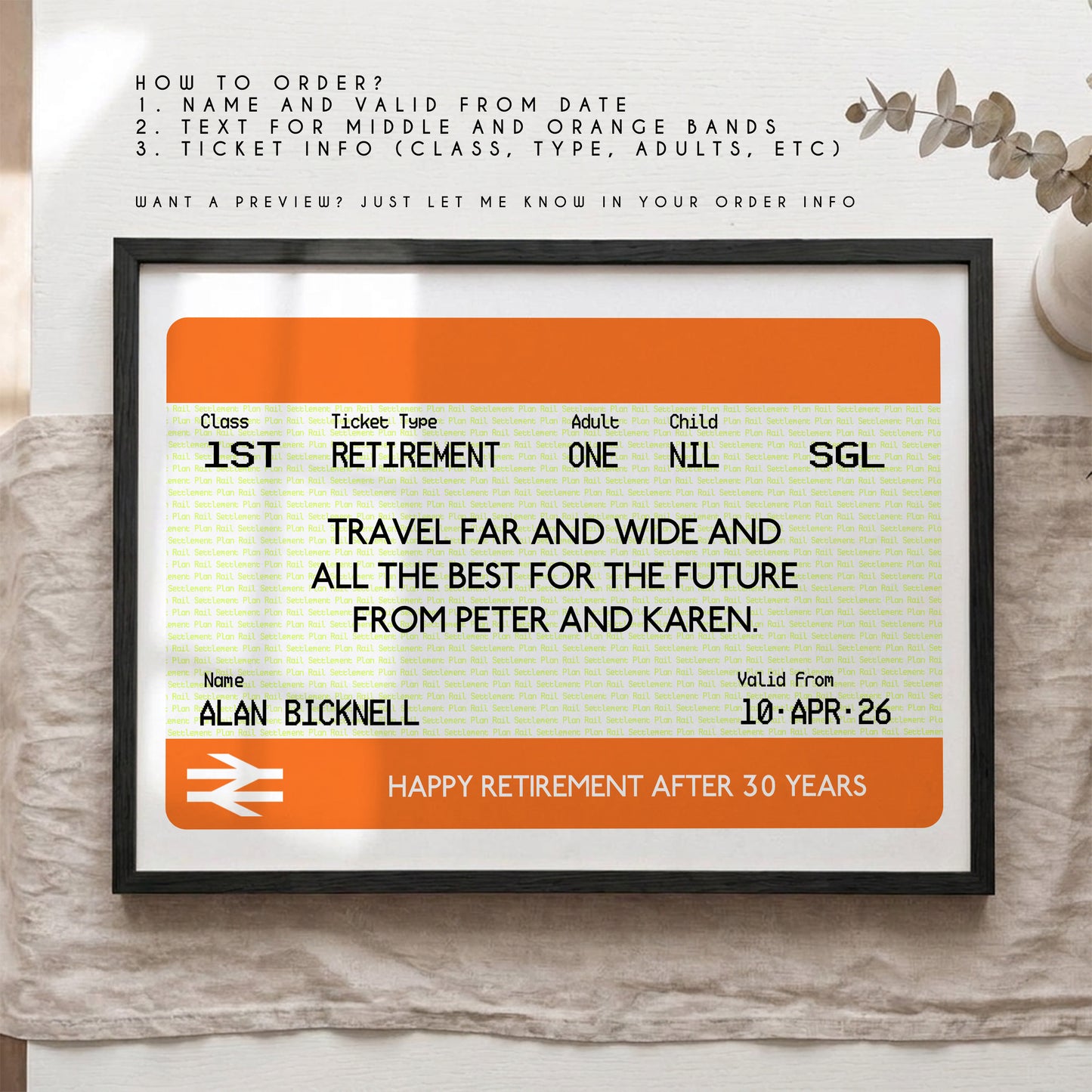 Customised Train Ticket Gift for Him, Dad or Boyfriend | Personalised British Railway Ticket Print | Travel Gift for Fathers Day Valentines