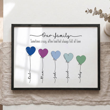 Personalised Family Names Balloon Print – Custom Family & Pet Portrait Framed Wall Art Gift