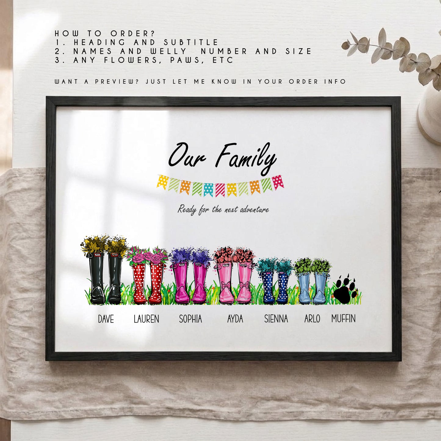 Personalised Family Welly Boots Print – Custom Family & Pet Portrait Wall Art Gift