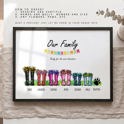 Personalised Family Welly Boots Print – Custom Family & Pet Portrait Wall Art Gift