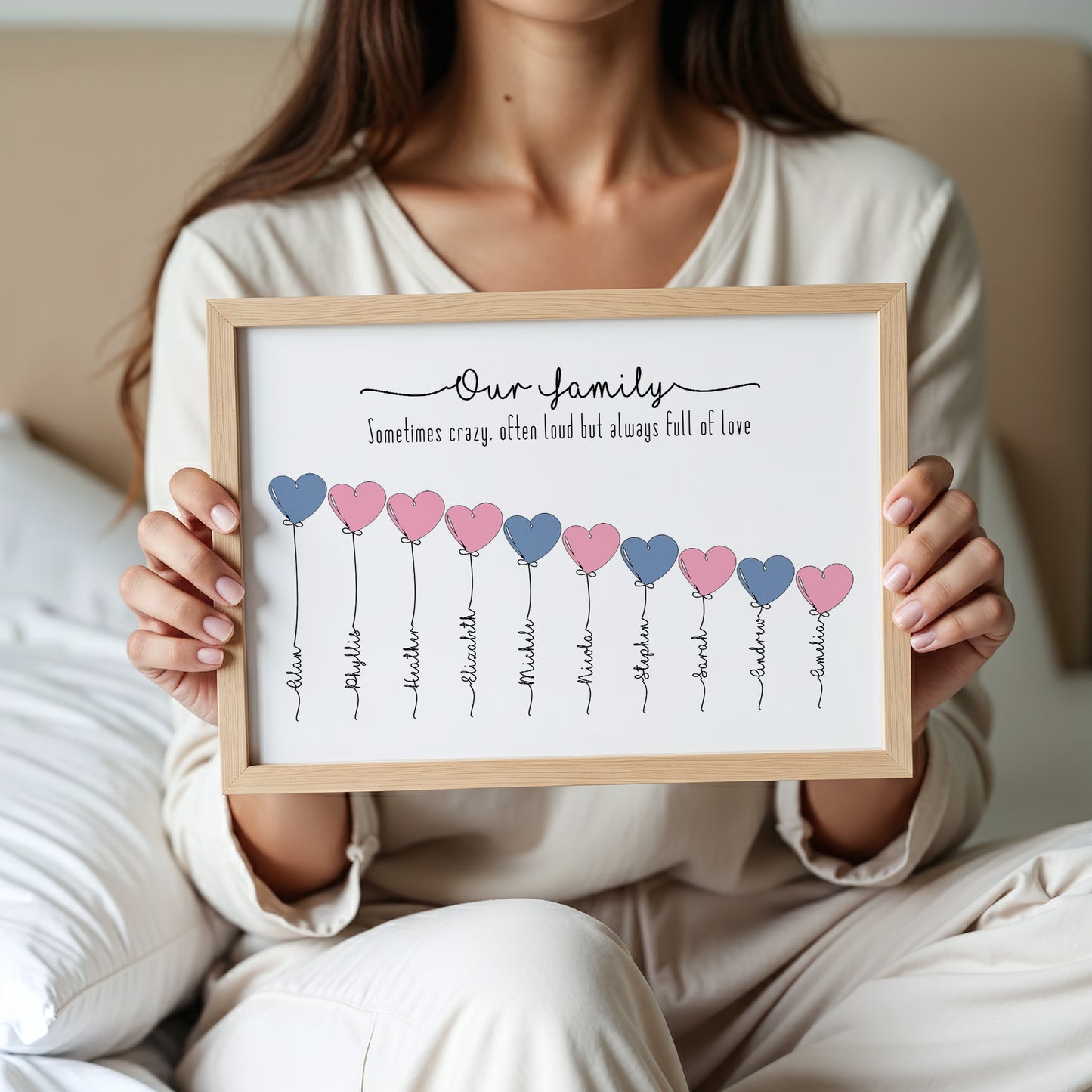 Personalised Family Names Balloon Print – Custom Family & Pet Portrait Framed Wall Art Gift