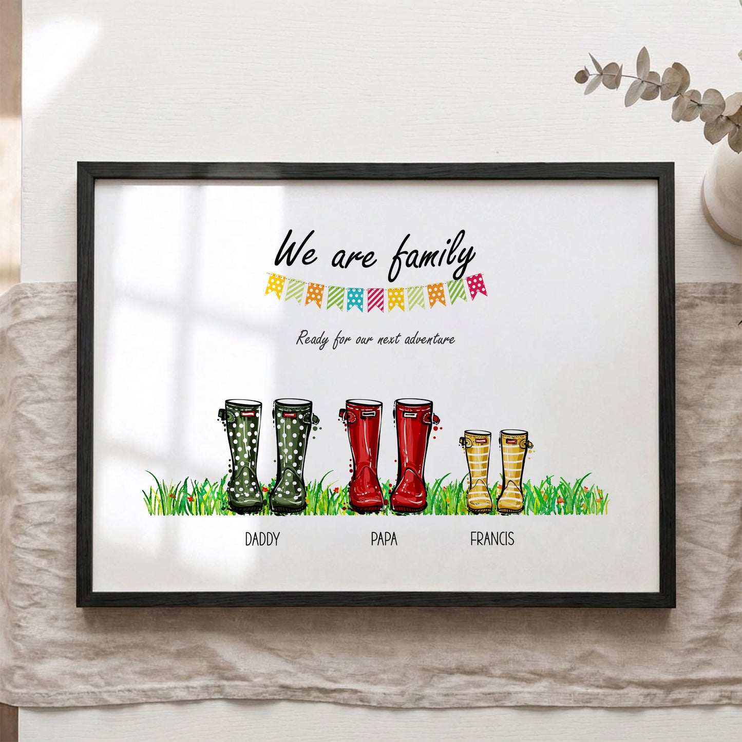 Personalised Family Welly Boots Print – Custom Family & Pet Portrait Wall Art Gift