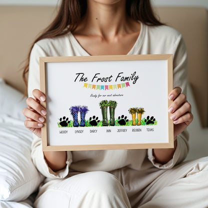 Personalised Family Welly Boots Print – Custom Family & Pet Portrait Wall Art Gift
