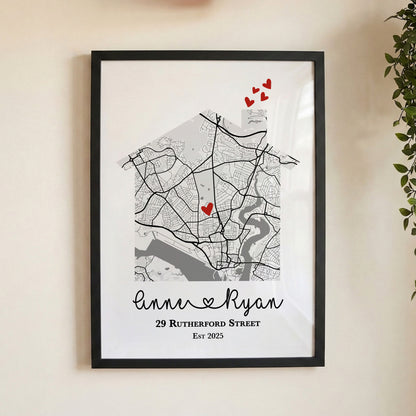 Personalised New Home Map Print – Custom Housewarming Gift for Couples
