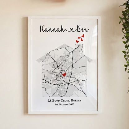 Personalised New Home Map Print – Custom Housewarming Gift for Couples