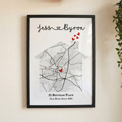 Personalised New Home Map Print – Custom Housewarming Gift for Couples