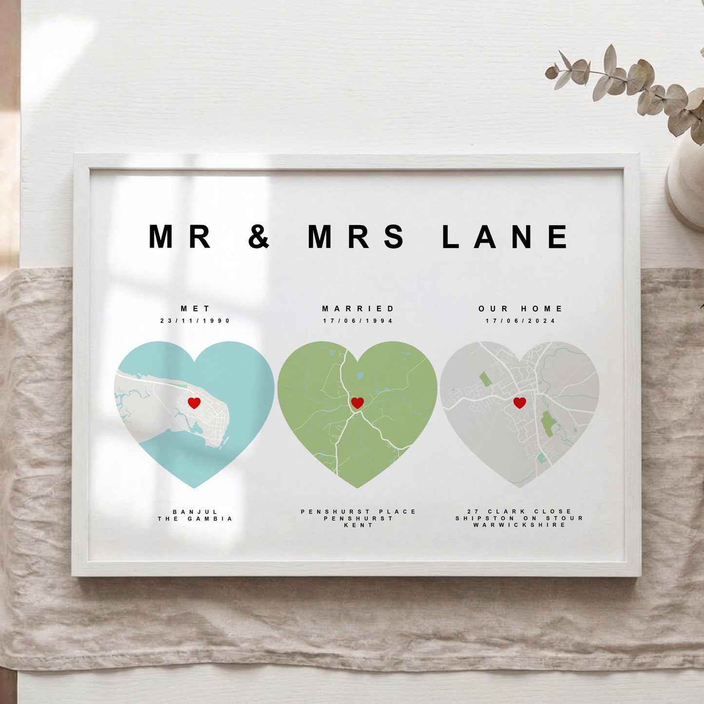 Personalised Our Memories Map Print – Custom Couple Journey Anniversary Wall Art Gift