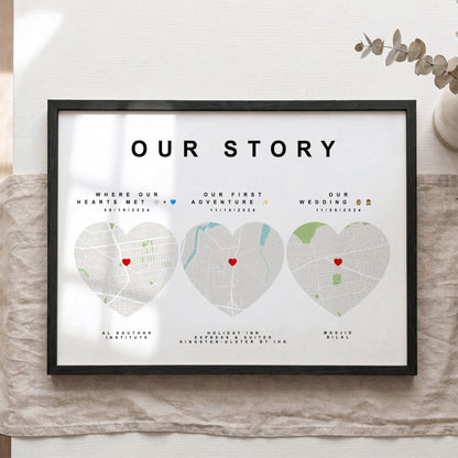 Personalised Our Memories Map Print – Custom Couple Journey Anniversary Wall Art Gift