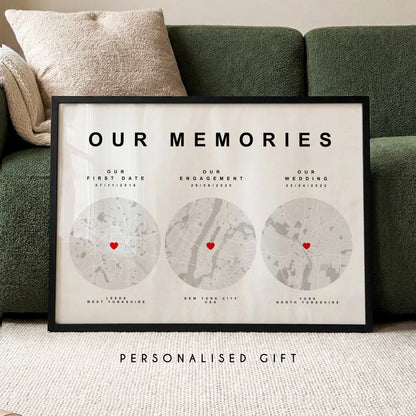 Personalised our memories map print with custom relationship milestones and location maps framed wall art gift