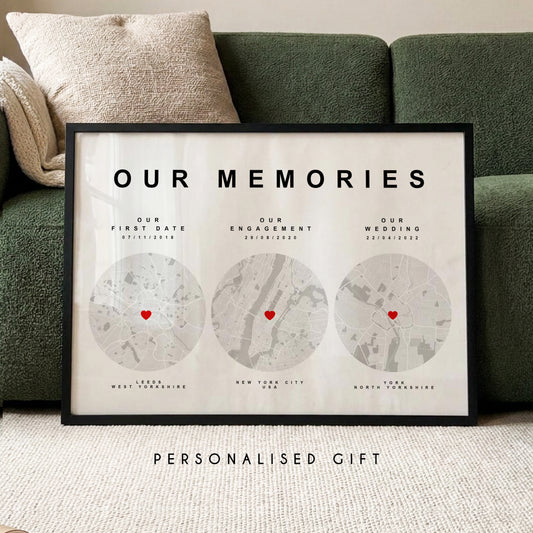 Personalised our memories map print with custom relationship milestones and location maps framed wall art gift