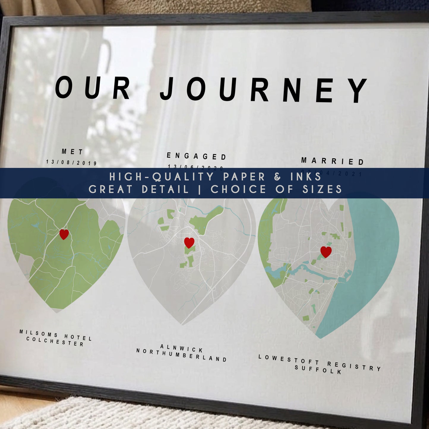Personalised Our Memories Map Print – Custom Couple Journey Anniversary Wall Art Gift