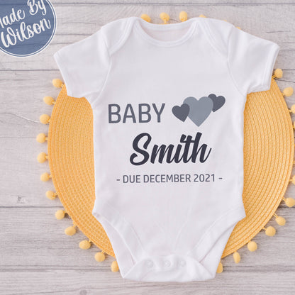 Personalised Last Name Due Date Babygrow | Baby Pregnancy Announcement Bodysuit | Baby Due Date Reveal Bodysuit | Last Name Baby-grow Gift