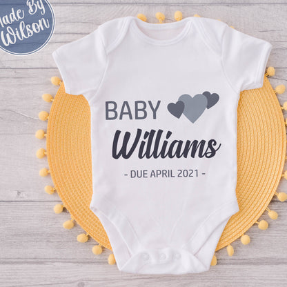 Personalised Last Name Due Date Babygrow | Baby Pregnancy Announcement Bodysuit | Baby Due Date Reveal Bodysuit | Last Name Baby-grow Gift