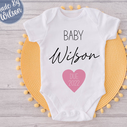 Personalised Last Name Babygrow | Baby Pregnancy Announcement Bodysuit | Baby Due Date Reveal Bodysuit | Last Name Baby-grow | New Baby Gift