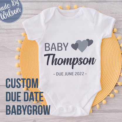 Personalised Last Name Due Date Babygrow | Baby Pregnancy Announcement Bodysuit | Baby Due Date Reveal Bodysuit | Last Name Baby-grow Gift