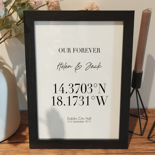 Framed Coordinates Print, Custom Wedding Location Print, Latitude Longitude, Wedding Gift, Personalised Gift for Couple, Memorable Location