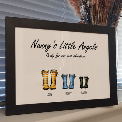 Custom Welly Boot Print Gift for Family | Personalised Wellington Boot Family Portrait | Wellies Home Wall Art for Mothers and Grandmothers