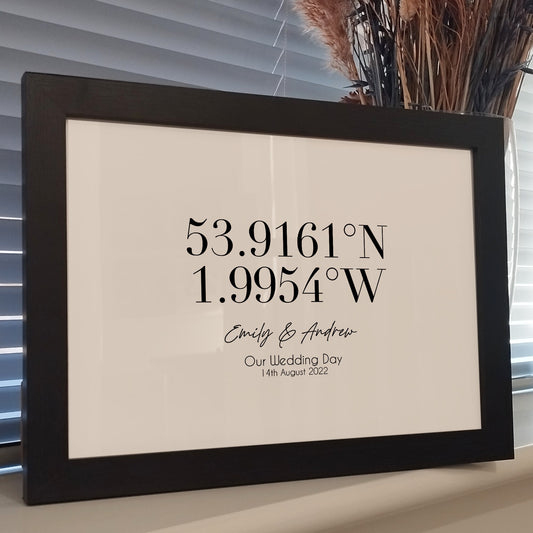 Framed Wedding Location Prints, Custom Coordinates Print, Latitude Longitude, Wedding Gift, Personalised Gift for Couple, Memorable Location