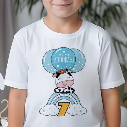 Personalised Cow Clouds Birthday T-Shirt, Any Name Any Age, Colourful Farmyard Animals Shirt, Custom Cow Birthday Hoodie, Gifts for Children