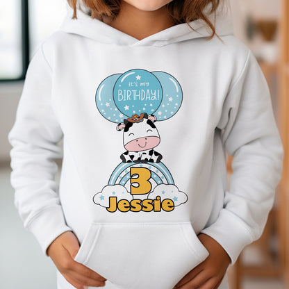 Personalised Cow Clouds Birthday T-Shirt, Any Name Any Age, Colourful Farmyard Animals Shirt, Custom Cow Birthday Hoodie, Gifts for Children
