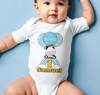 Personalised Cow Clouds Birthday T-Shirt, Any Name Any Age, Colourful Farmyard Animals Shirt, Custom Cow Birthday Hoodie, Gifts for Children