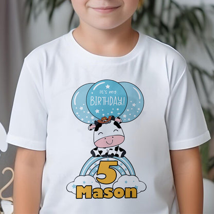 Personalised Cow Clouds Birthday T-Shirt, Any Name Any Age, Colourful Farmyard Animals Shirt, Custom Cow Birthday Hoodie, Gifts for Children
