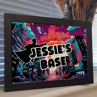 Personalised Name Wall Art Print, Colourful Kids Room Decor, Boys Girls Childrens Super Hero Bedroom Framed Print, Fun Superhero Print