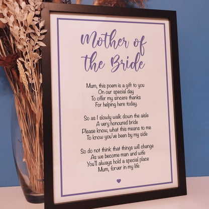 Custom Mother of the Bride Wedding Poem Print | Personalised Wedding Gift for the Brides Mother | Framed Bridal Wedding Day Present