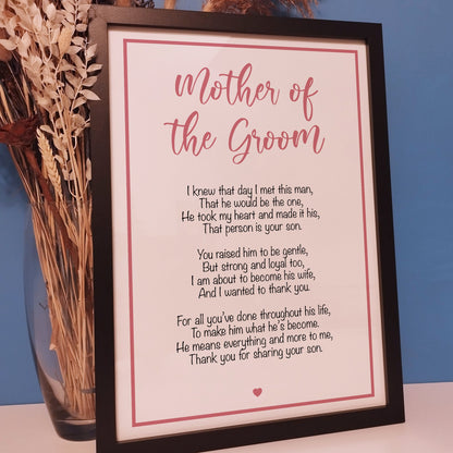 Custom Mother of the Groom Wedding Poem Print | Personalised Framed Groom Wedding Gift | Wedding Day Mother In Law Gift