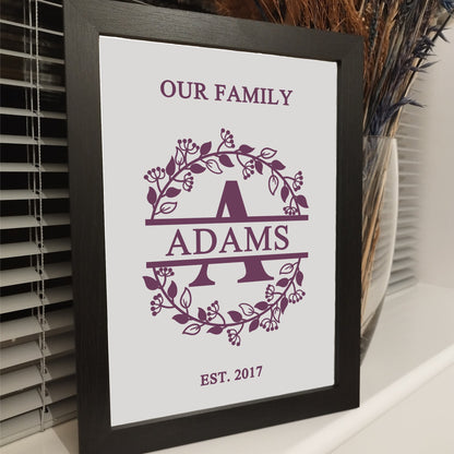 Personalised Family Name Print, Custom Family Monogram Print, Mothers Day Gifts, Housewarming Gift, Framed Family Name Print