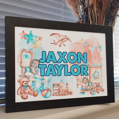Personalised Boys Name Print, Custom Kids Bedroom Wall Print, Nursery Room Decor, Boys Childrens Toys Framed Print, Newborn Baby Print