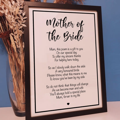 Custom Mother of the Bride Wedding Poem Print | Personalised Wedding Gift for the Brides Mother | Framed Bridal Wedding Day Present