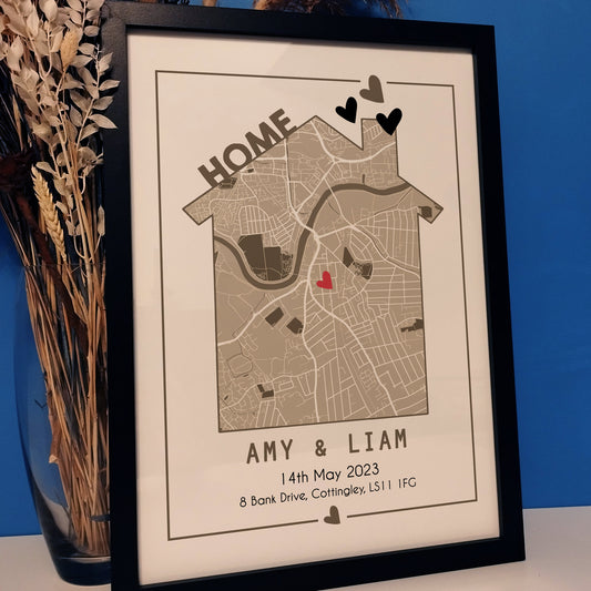 Custom Our New Home Map Print | Personalised First Home Anniversary Gift | Home is Where the Heart is Print | New House Wall Art for Couples