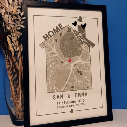 Custom Our New Home Map Print | Personalised First Home Anniversary Gift | Home is Where the Heart is Print | New House Wall Art for Couples