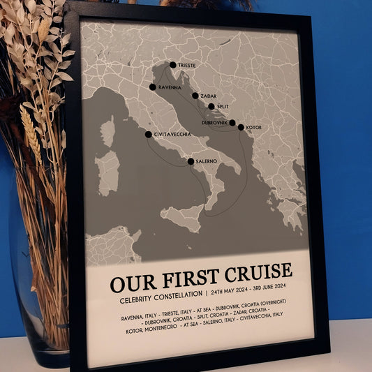 Custom Cruise Holiday Map Gift for Couples | Personalised Cruise Ship Ports Map Wall Art Anniversary Print for Her Wife Him Husband