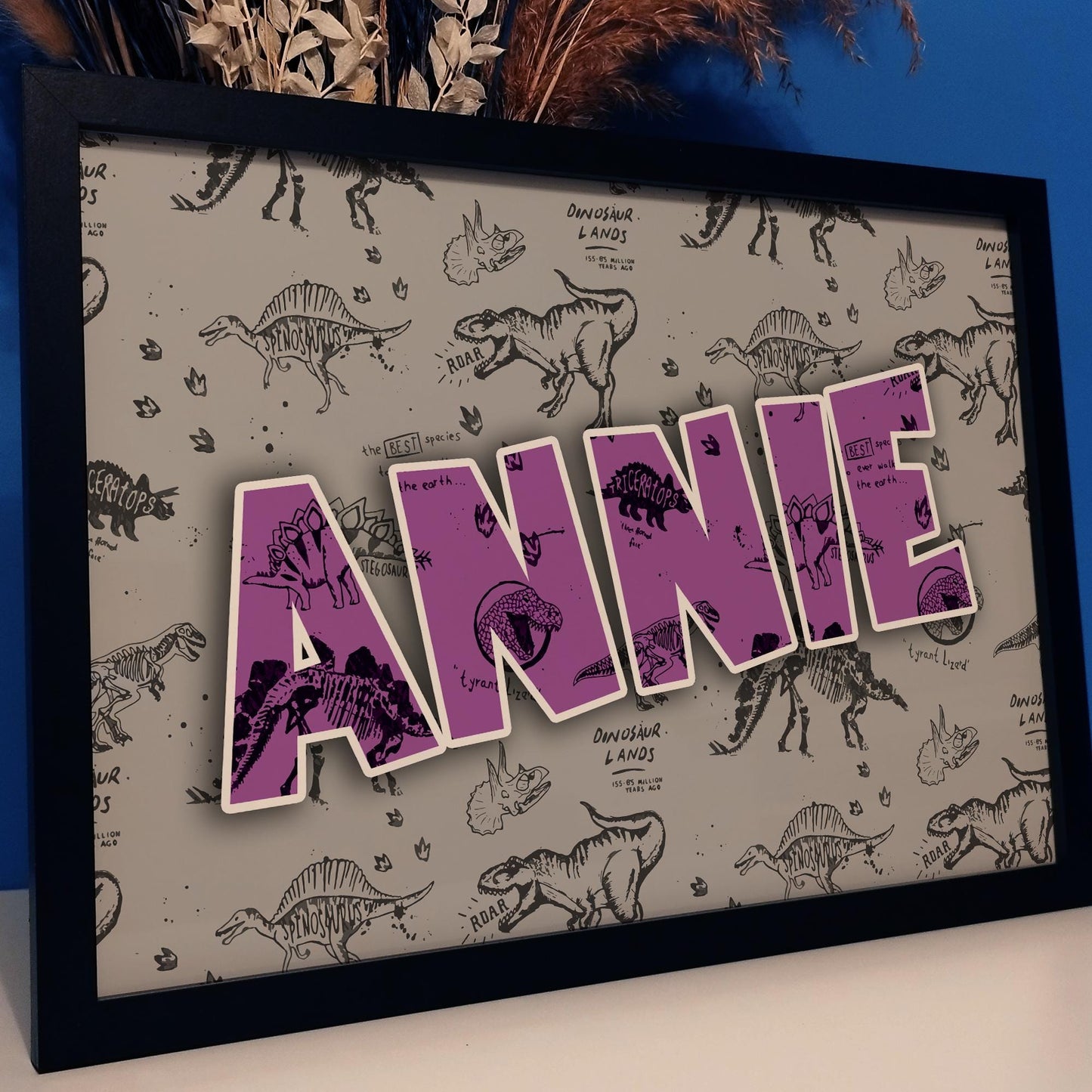 Personalised Name Dinosaur Wall Art Print, Colourful Dino Theme Kids Room Decor, Boys Girls Childrens Bedroom Jurassic Framed Print