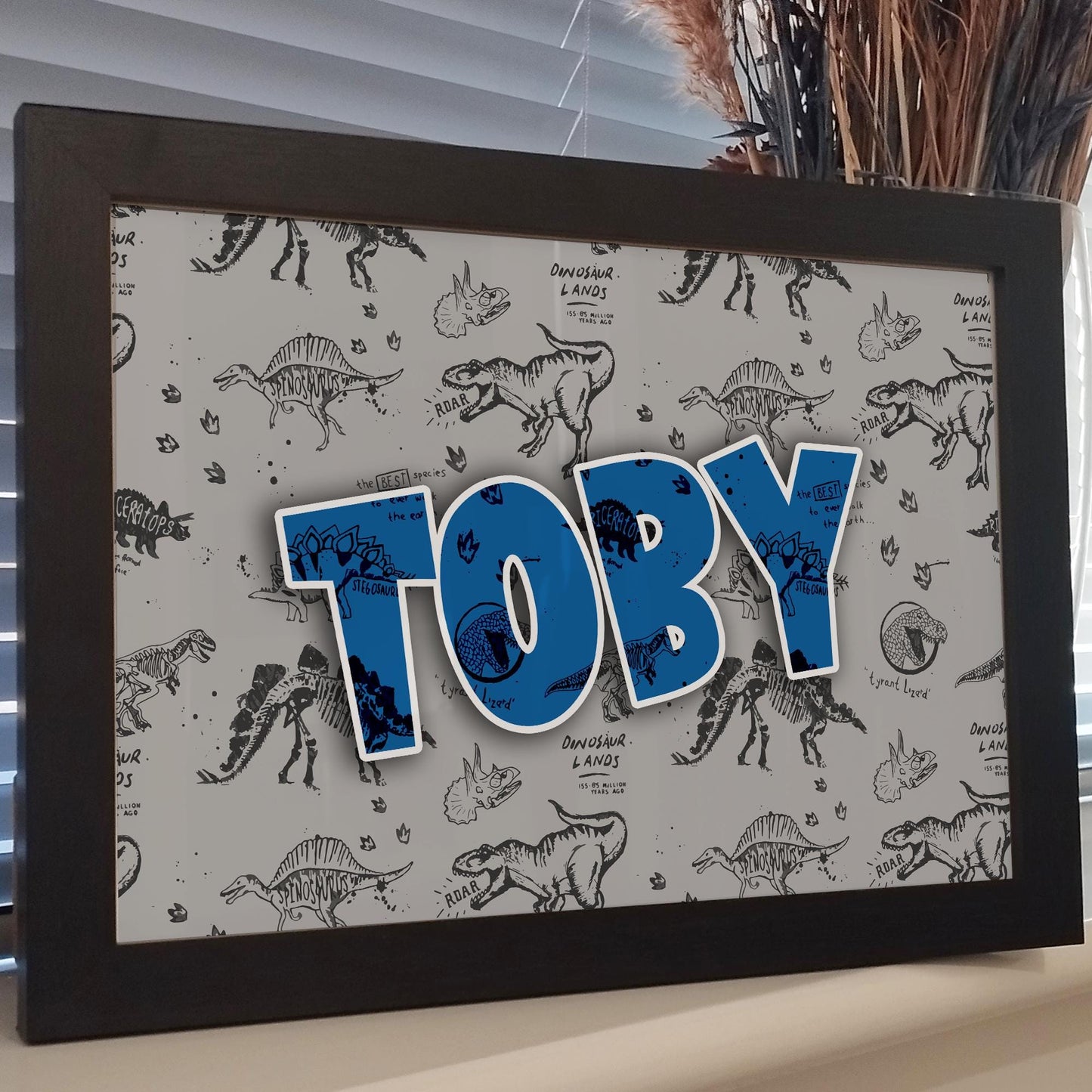 Personalised Name Dinosaur Wall Art Print, Colourful Dino Theme Kids Room Decor, Boys Girls Childrens Bedroom Jurassic Framed Print