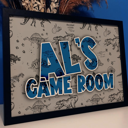 Personalised Name Dinosaur Wall Art Print, Colourful Dino Theme Kids Room Decor, Boys Girls Childrens Bedroom Jurassic Framed Print