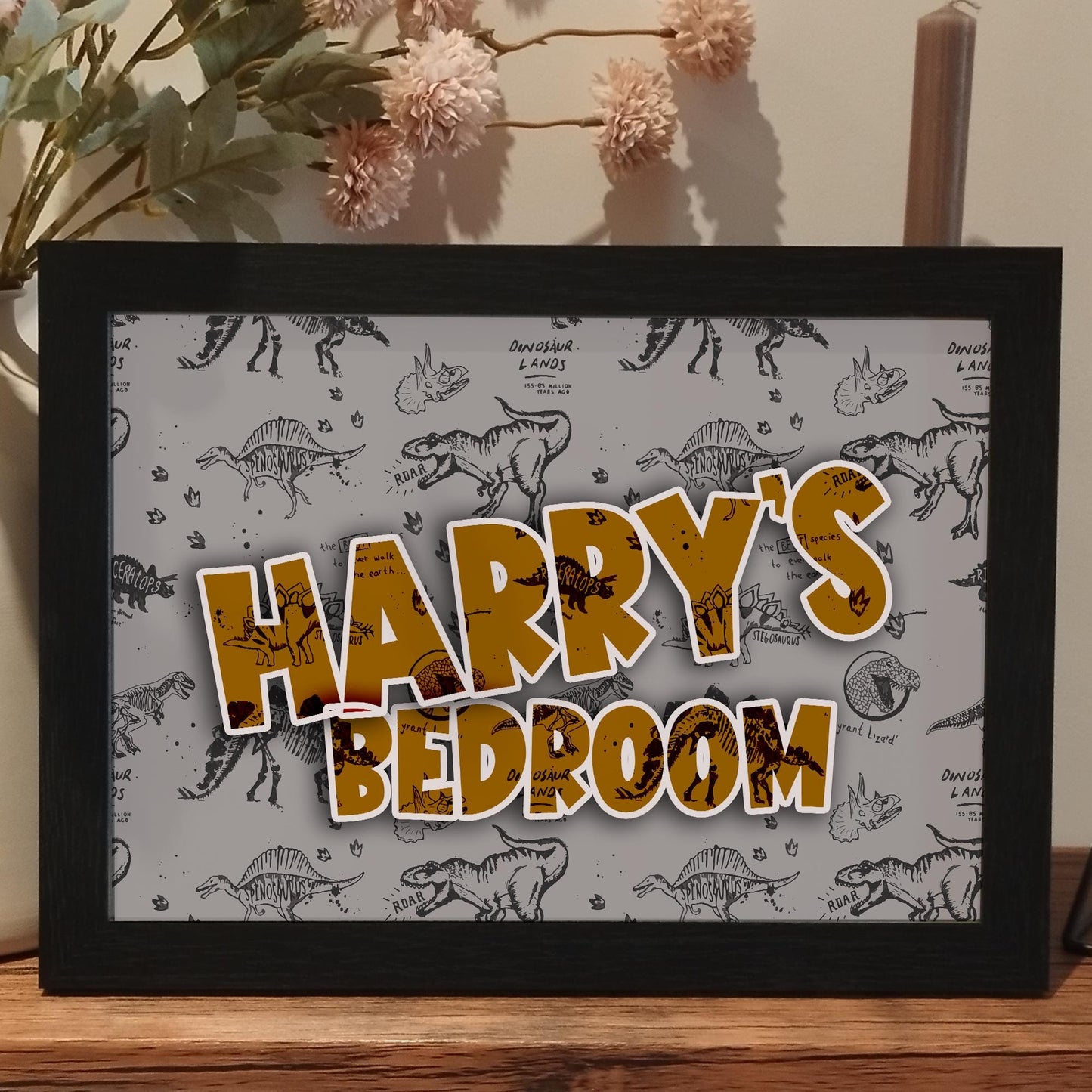 Personalised Name Dinosaur Wall Art Print, Colourful Dino Theme Kids Room Decor, Boys Girls Childrens Bedroom Jurassic Framed Print