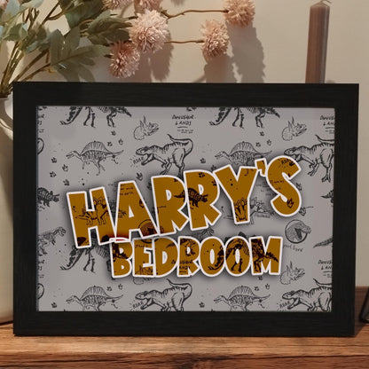 Personalised Name Dinosaur Wall Art Print, Colourful Dino Theme Kids Room Decor, Boys Girls Childrens Bedroom Jurassic Framed Print