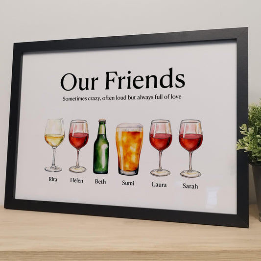 Personalised Friends Drinks Print Gift for Her | Family Names Wine Glasses Print | Custom Gifts for Best Friend | Family Gifts for Mothers