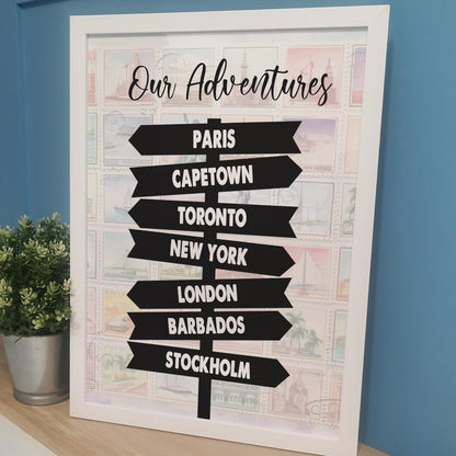 Custom Travel Adventures Signpost Print for Couples | Personalised Travelling Gift for Her, Him | Favourite Holiday Destinations Wall Print
