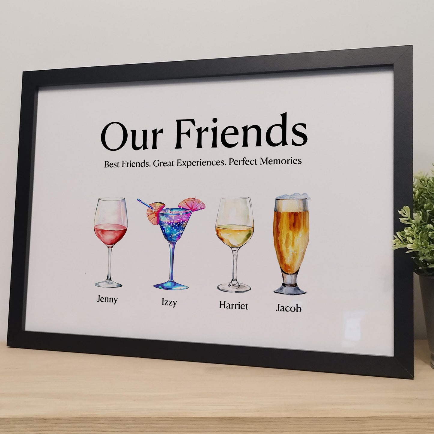 Personalised Friends Drinks Print Gift for Her | Family Names Wine Glasses Print | Custom Gifts for Best Friend | Family Gifts for Mothers