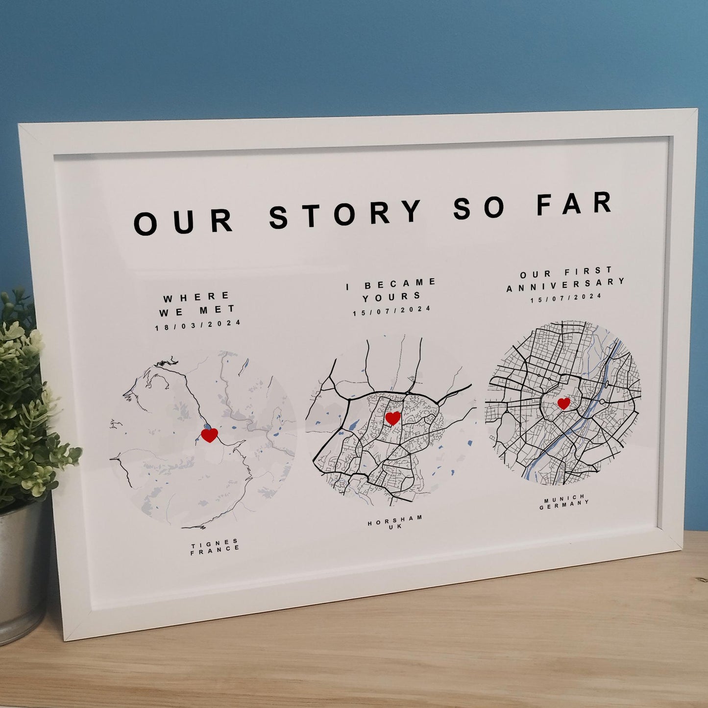 Customised Our Journey Map Print Gift for Couples | Personalised 1 Year Paper Wedding Anniversary Gift for Her Him | Where We Met Print